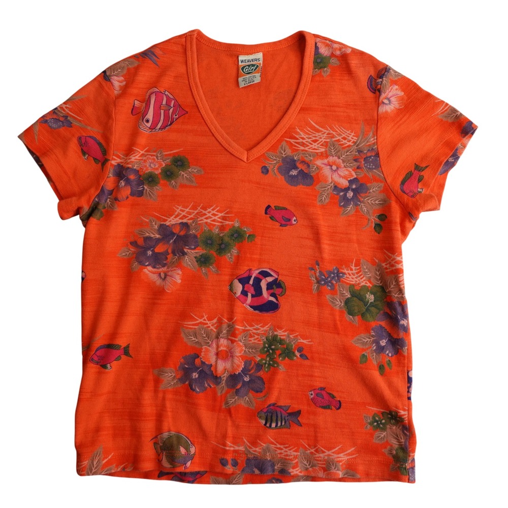 Vtg 90s Tropical Baby Tee XL Orange Fish Floral Cotton Vacation Retro T Shirt